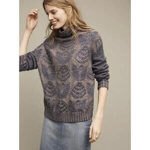 Folk from Anthropologie Stitched Blue Foliage Turtleneck Sweater - Size - Medium